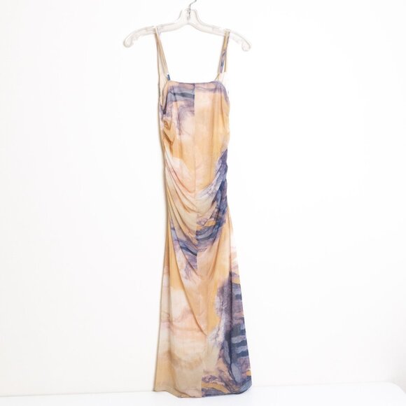 COMMENSE Granite Tie Dye Mesh Ruched Midi Dress Watercolor Abstract Pattern - Picture 4 of 14